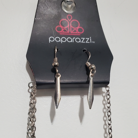 Silver Tone Necklace & Earring Dangle Spikes & Rhinestone Jewels Set NEW - Picture 5 of 11